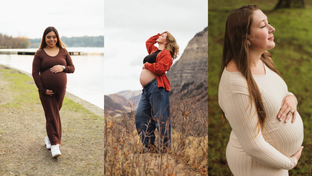 collage of maternity poses women looking confident and comfortable with pregnant belly