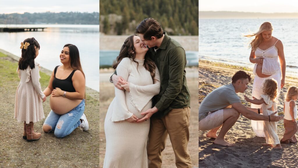 maternity session with children and partners having fun and laughing Seattle beach