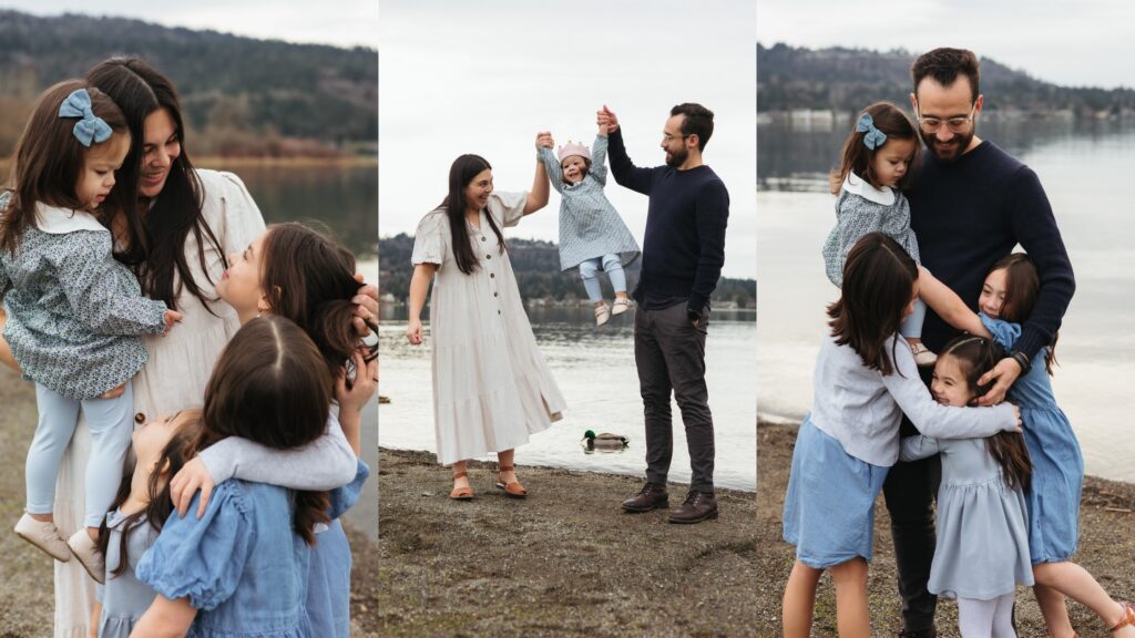 Collage of Family of 6 hugging and playing in front of lake.